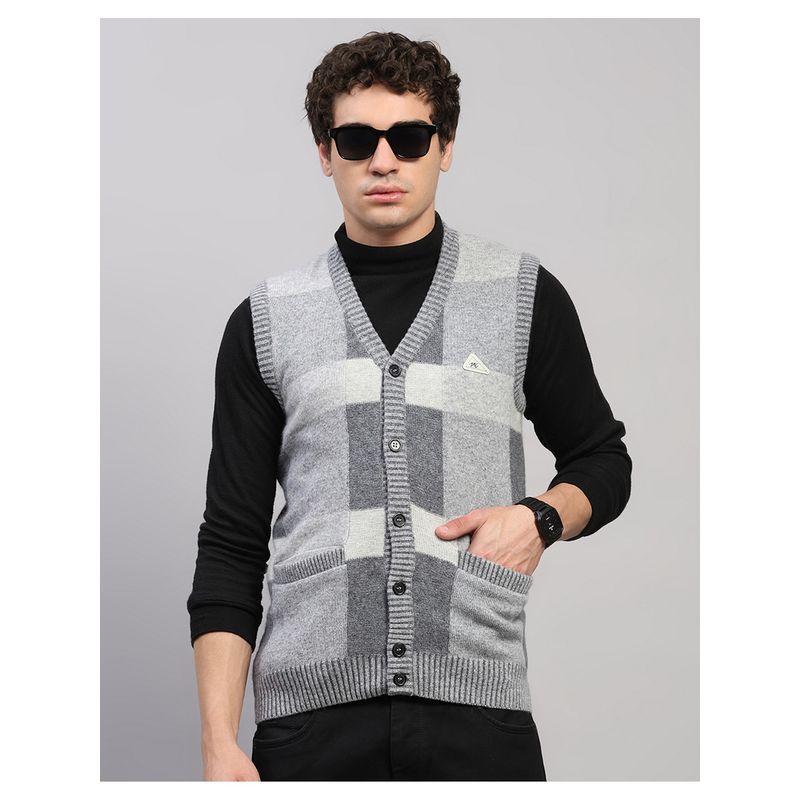 Monte Carlo Men Regular Fit V Neck Sleeveless Winter Grey Cardigan (3XL)