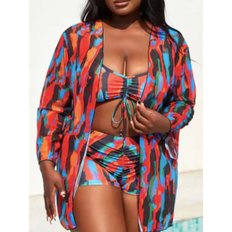 WomanLikeU Multi-Colored Plus Size Bikini Top and Bikini Bottom with Shrug (Set of 3) (2XL)