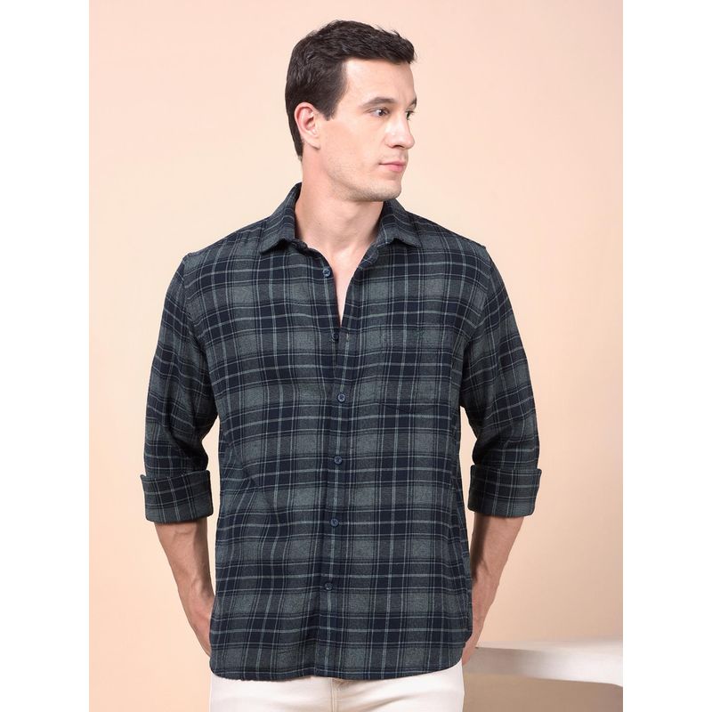 CRIMSOUNE CLUB Men Green Checked Pure Cotton Shirt (M)