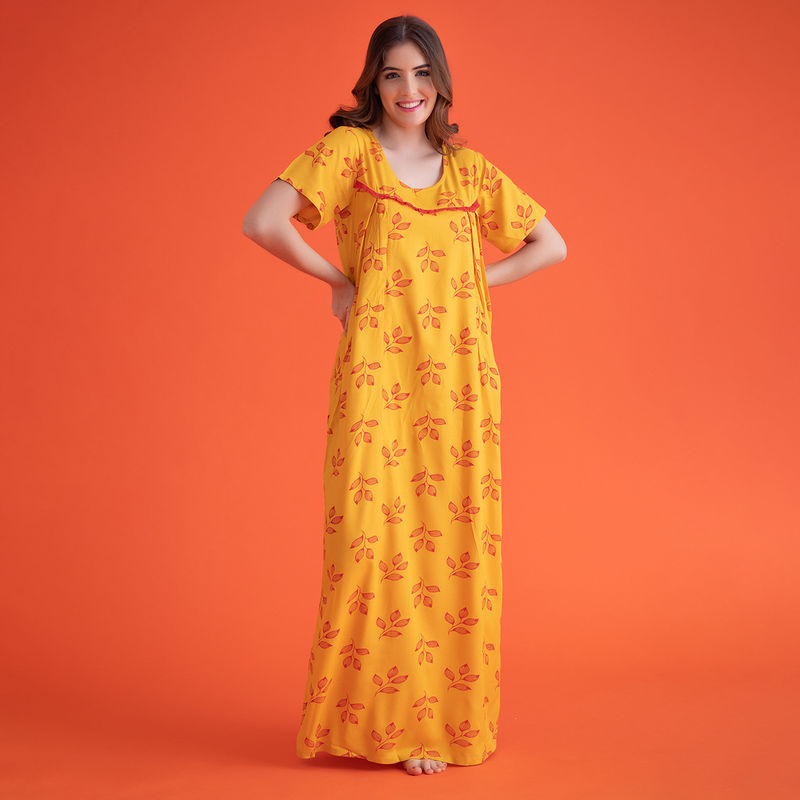 Clovia Cotton Leaf Print Long Night Dress - Yellow (S)