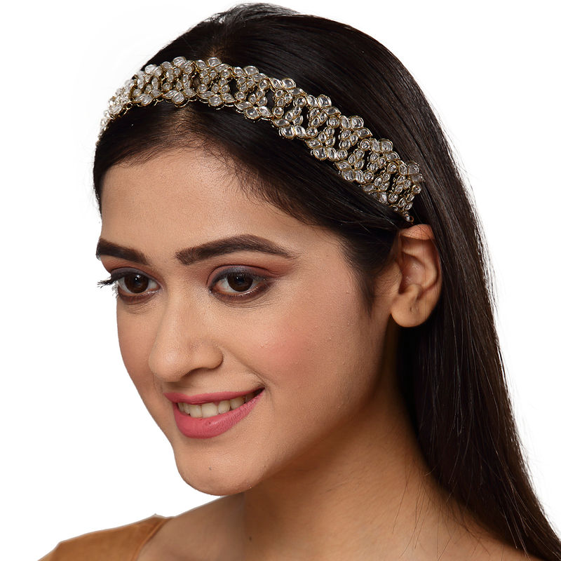 Gold-Plated Kundan Hairband For Women - Handcrafted Brown Metal Hair Accessory For Weddings & Festivals