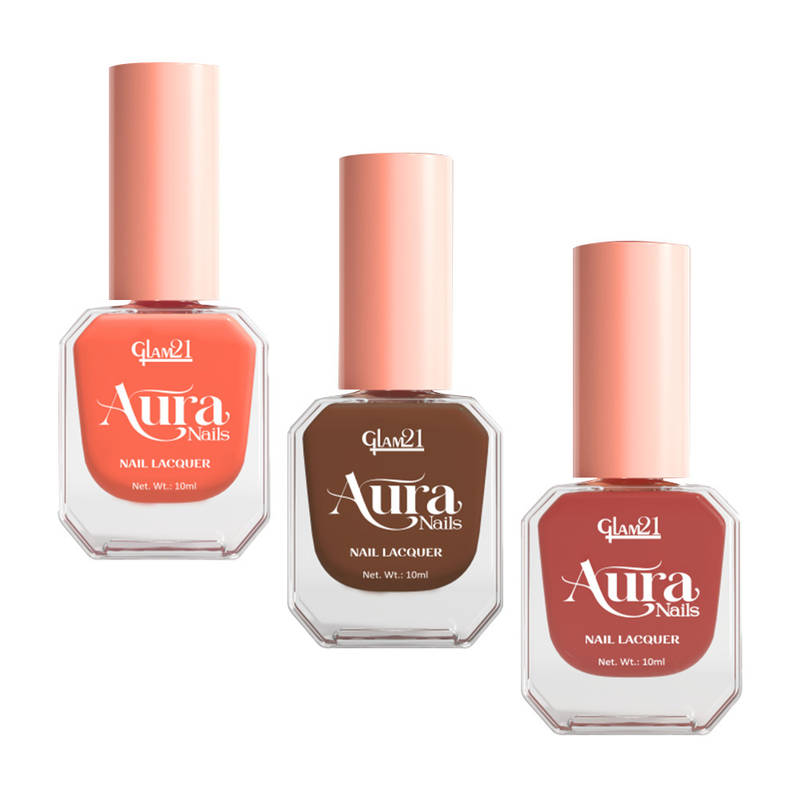 GLAM21 Aura Nails Lacquer High-Shine Nail Enamel Pack of 3 - Caramel Calm, Mocha Mood & Almond Frost