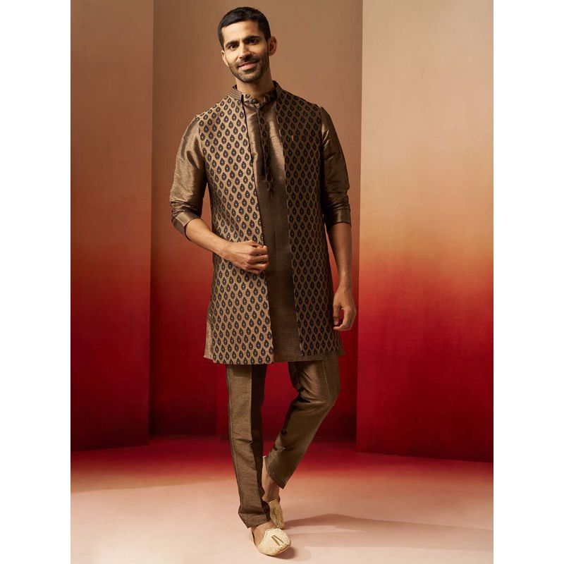 Vastramay Men Bronze Silk Blend Kurta with Pant and Black Jacquard Jacket (36)
