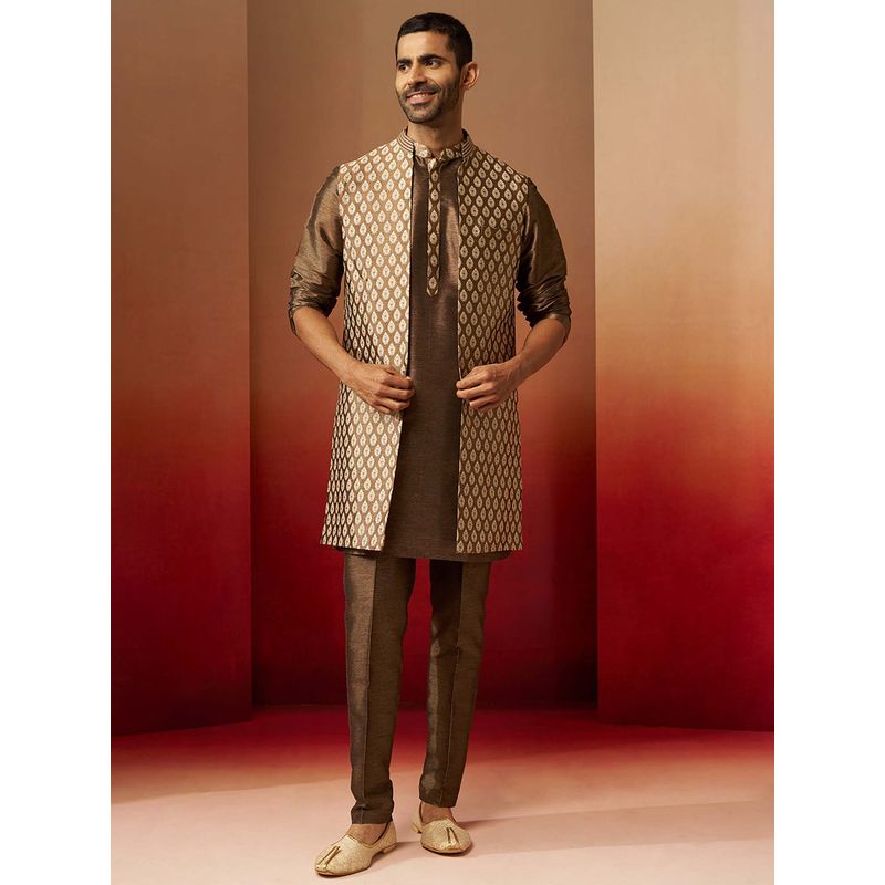 Vastramay Men Bronze Silk Blend Kurta with Pant and Beige Jacquard Jacket (36)
