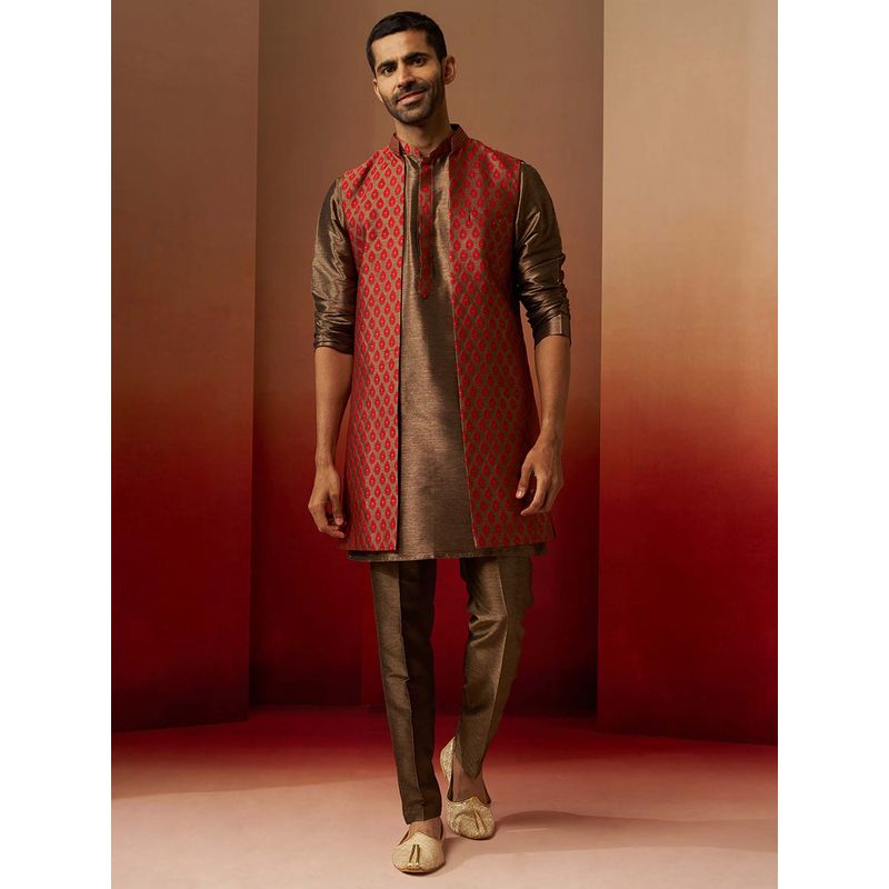 Vastramay Men Bronze Silk Blend Kurta with Pant and Red Jacquard Jacket (36)