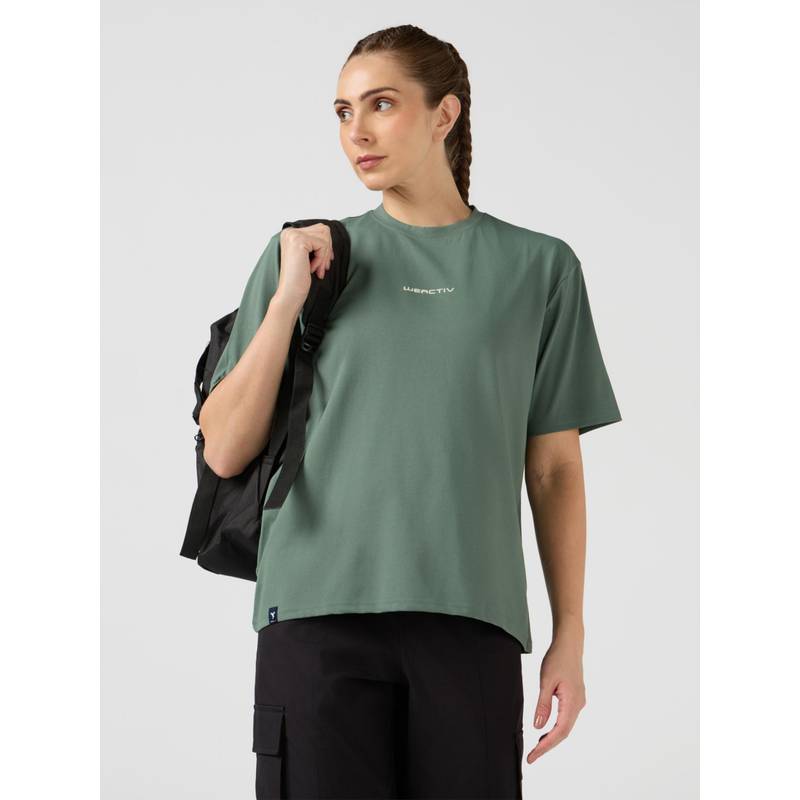 Technosport Green Women's Printed Boxy Fit Round Neck Sports T-Shirt with Cotflex (M)