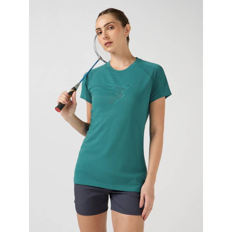 Technosport Turquoise Women's Printed Slim Fit Round Neck Sports T-Shirt (L)