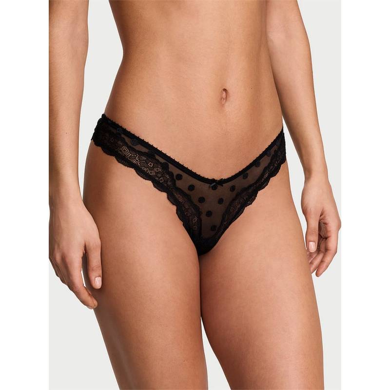 Victoria's Secret Black Tease Sheer Dot High-Leg Thong Panty (S)