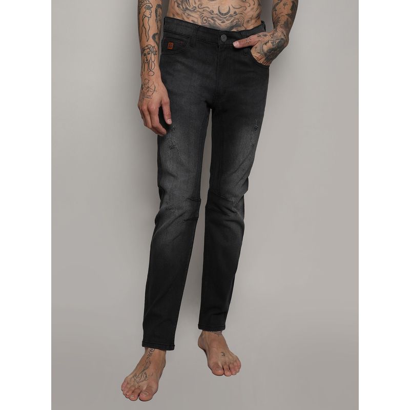 Campus Sutra Mens Black Minimal Side Distressed Denim Jeans (32)