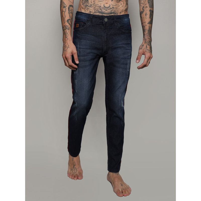 Campus Sutra Mens Navy Blue Pencil Side Striped Denim Jeans (30)
