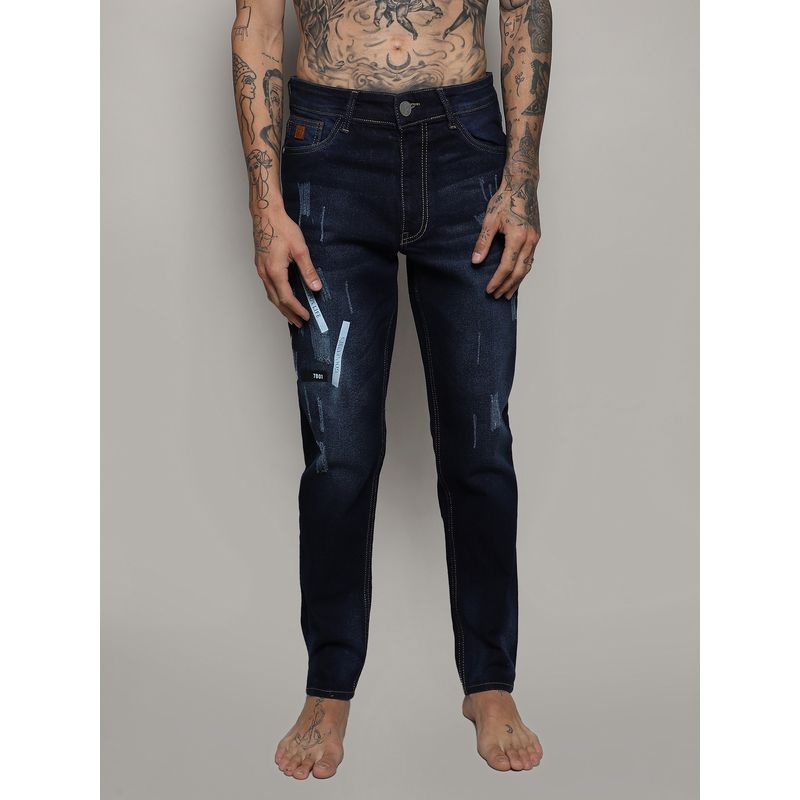 Campus Sutra Mens Navy Blue Embroidered Patched Denim Jeans (32)