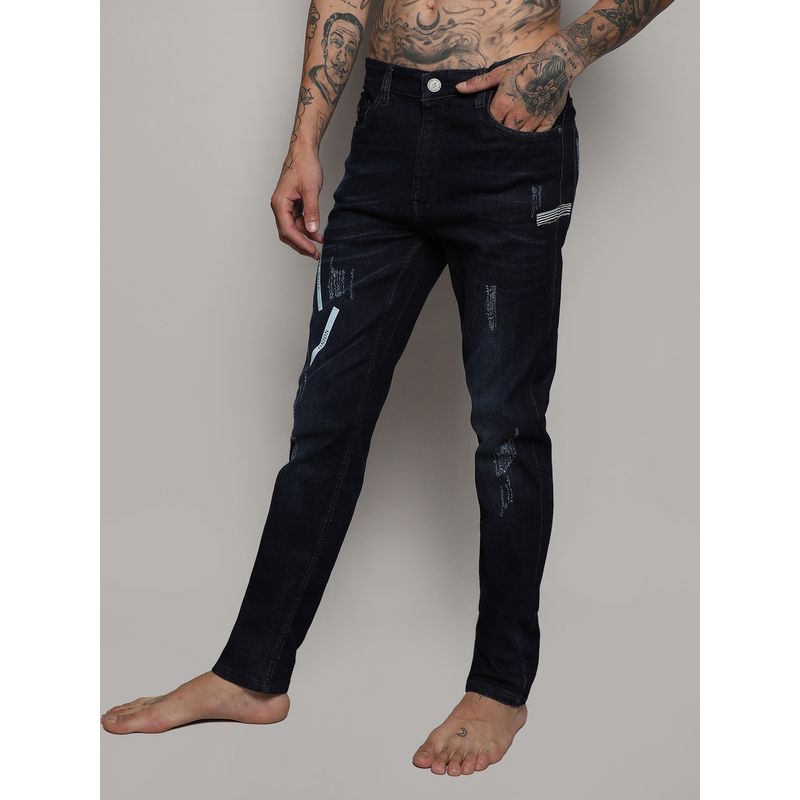 Campus Sutra Mens Dark Wash Distressed Denim Jeans With Embroidered Details (32)