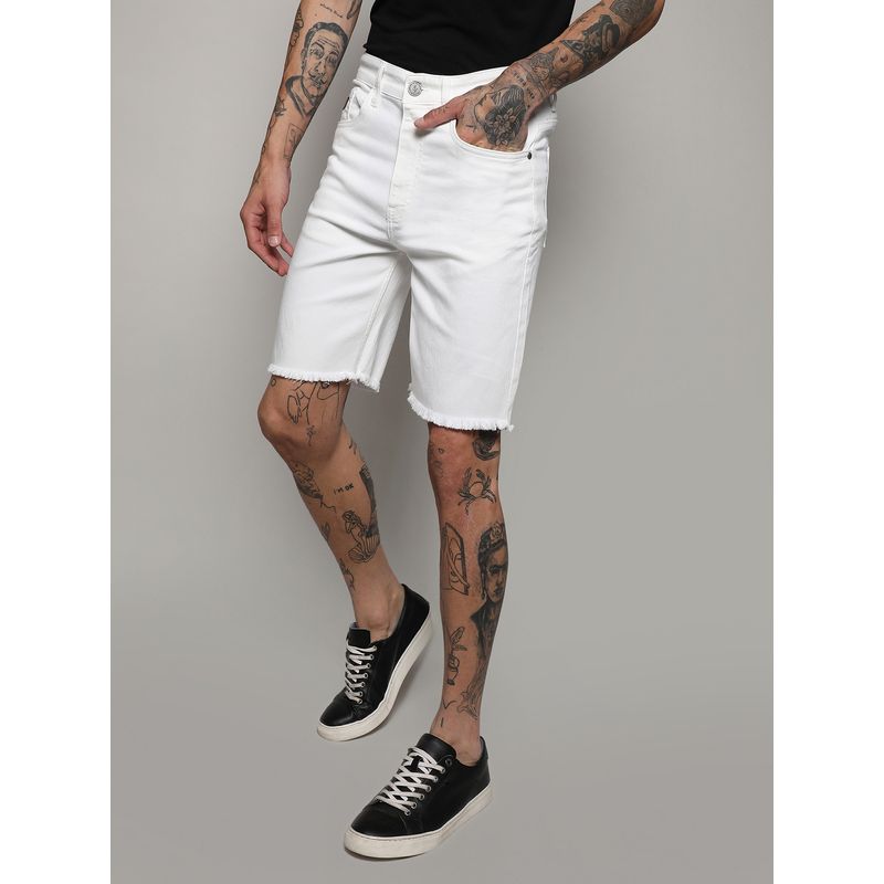 Campus Sutra Mens White Ripped Hem Denim Shorts (30)