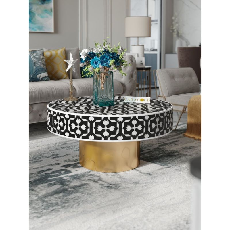 CasaGold Black Floral Bone Inlay Round Coffee Table (S)