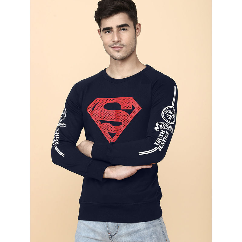 Free Authority Mens Superman Printed Navy Blue Sweatshirt (M)