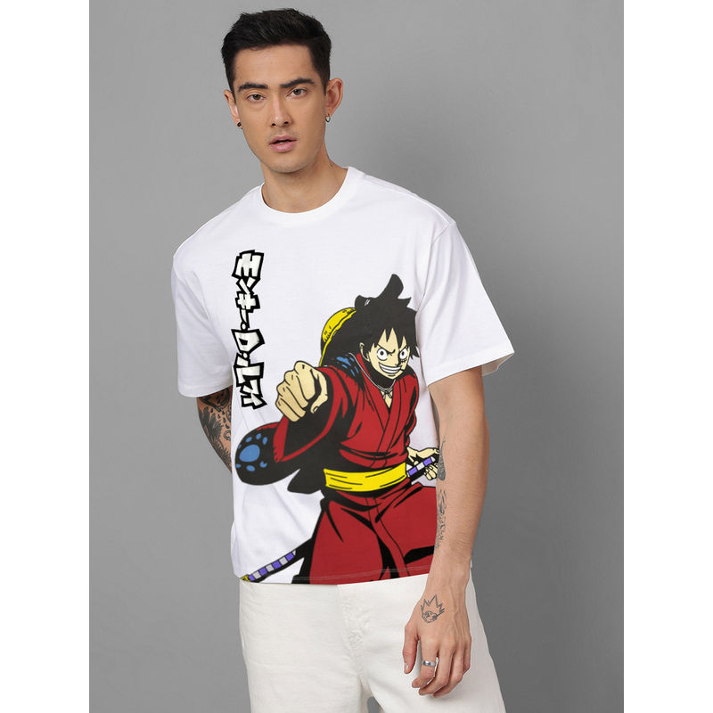 Free Authority Mens One Piece Luffy Printed White T-Shirt (M)