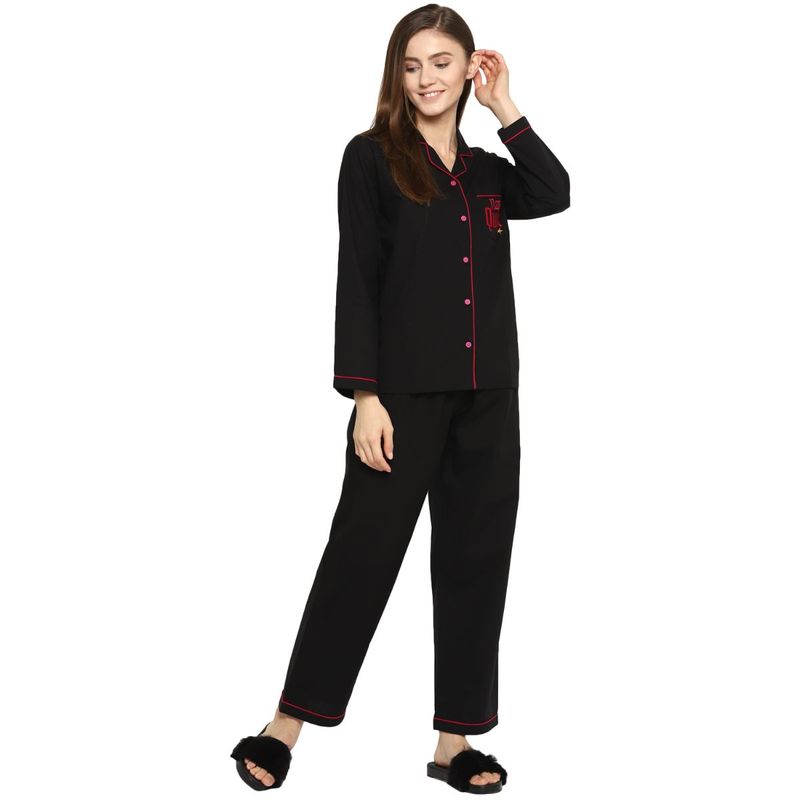 Shopbloom Nap Queen Long Sleeve Women's Night Suit - Black (XS)