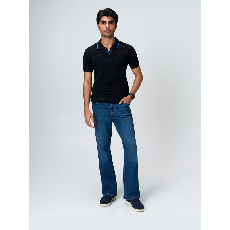 House of Namah Electric Blue Piping Basket Cotton Regular V-Polo T-Shirt (XS)