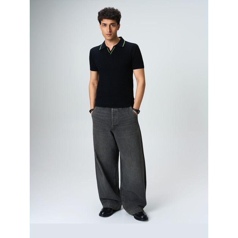 House of Namah Grass Green Piping Basket Cotton Regular V-Polo T-Shirt (XS)