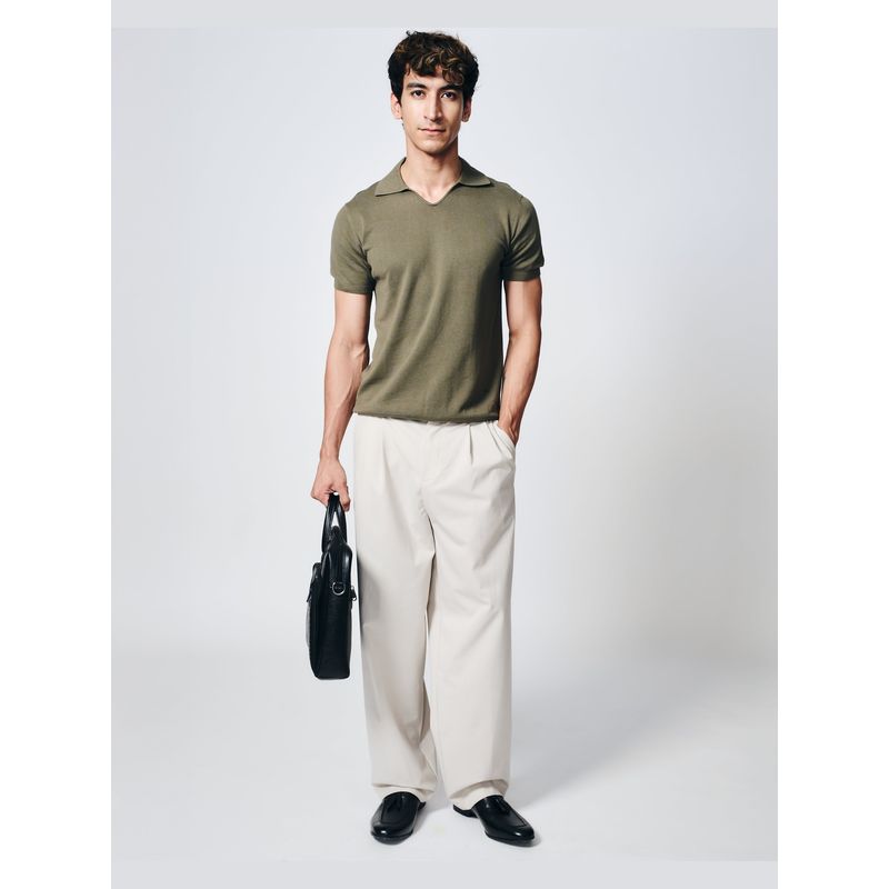 House of Namah Khaki Green Pique All Day Cotton Bamboo Regular U-Polo T-Shirt (XS)