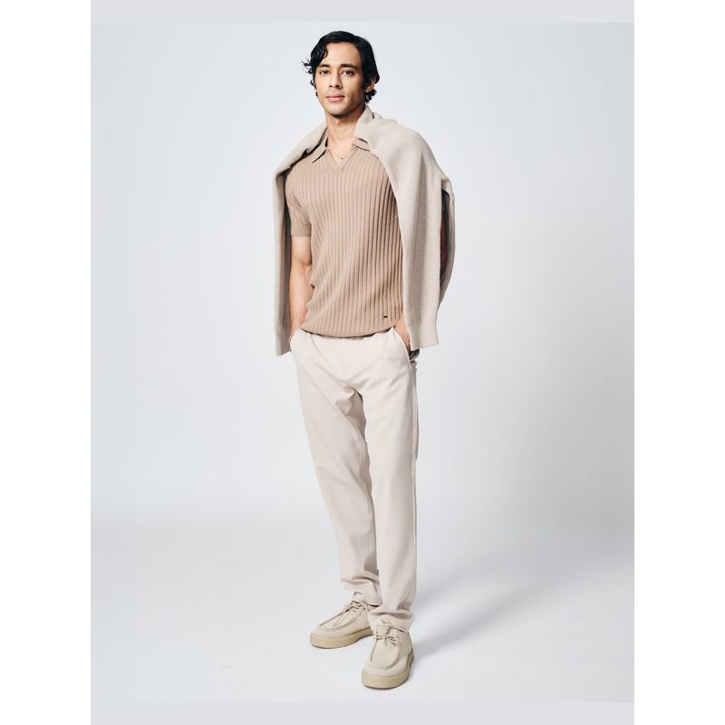 House of Namah Beige Drop Needle Cotton Bamboo Regular V-Polo T-Shirt (XS)