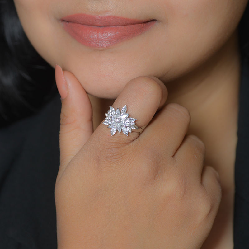 Ornate Jewels Flower American Diamond Sterling Silver Ring (10)