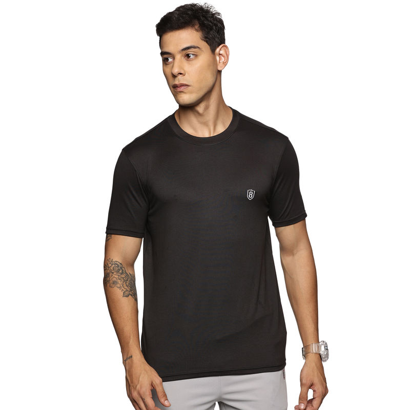 DOMIN8 Men Black Stretchable Cotton Feel Comfy T-Shirt (S)