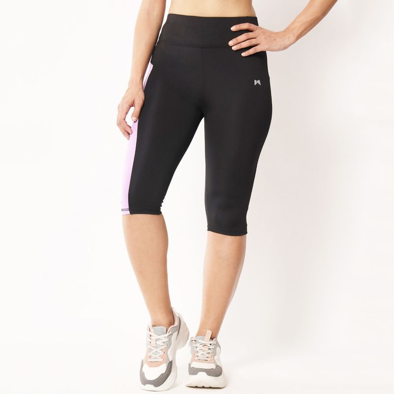 Muscle Torque Women High Waist Capri with Colorblock Panel Black & Purple (S)