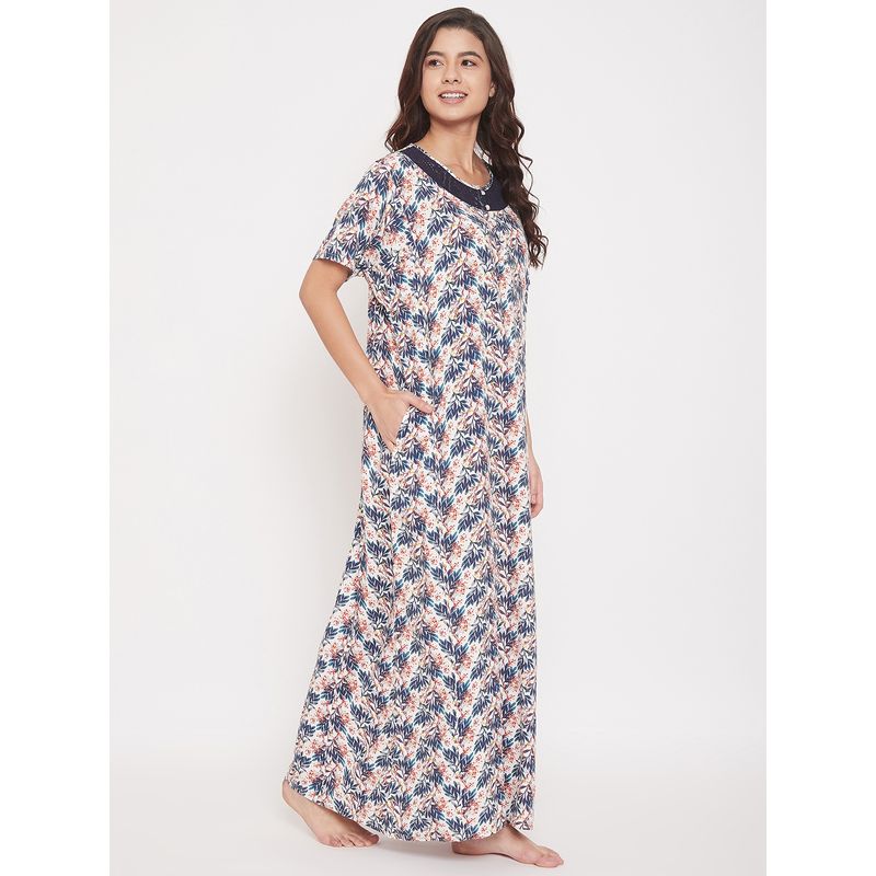The Kaftan Company Floral Printed Cotton Modal Maxi Nightdress With Lace Yoke - Multi-Color (S)