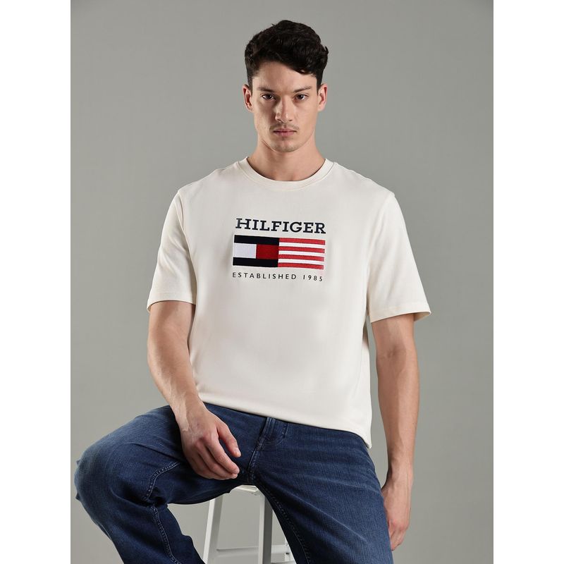 Tommy Hilfiger Men Off White Cotton Regular Fit T-Shirt (L)