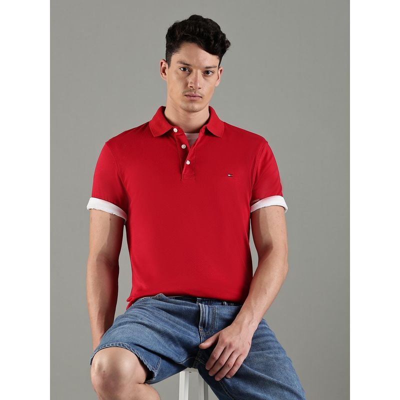 Tommy Hilfiger Men Red Cotton Slim Fit Polo T-Shirt (XS)