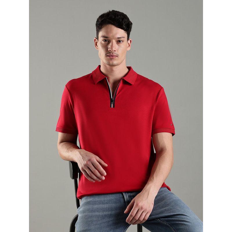 Tommy Hilfiger Men Red Cotton Regular Fit Polo T-Shirt (S)