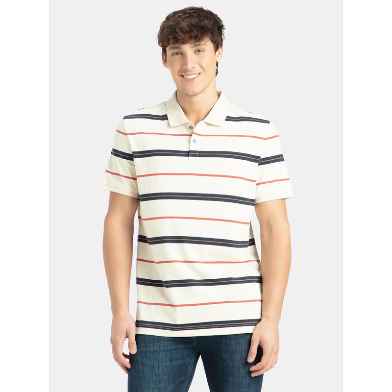 Jockey Um15 Men Super Combed Cotton Striped Polo T-Shirt-Almond Milk, Navy and Cinnabar (S)