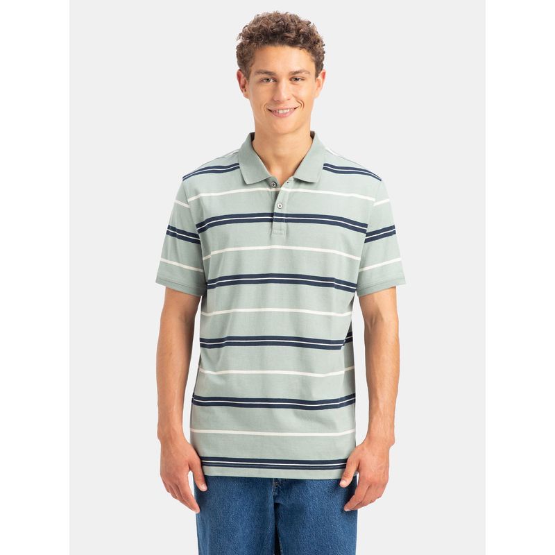 Jockey Um15 Men Super Combed Cotton Striped Polo T-Shirt-Iceberg Green, Navy and Almond (L)