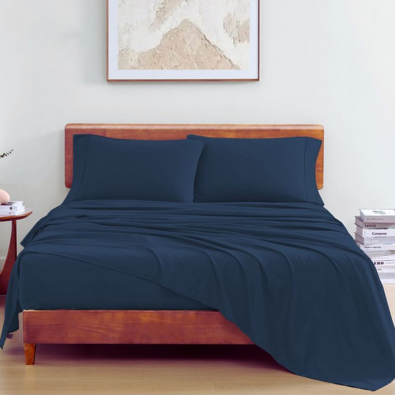 LANE LINEN 100% Organic Cotton Double Fitted Bedsheet with 2 Pillow Covers - Navy Blue