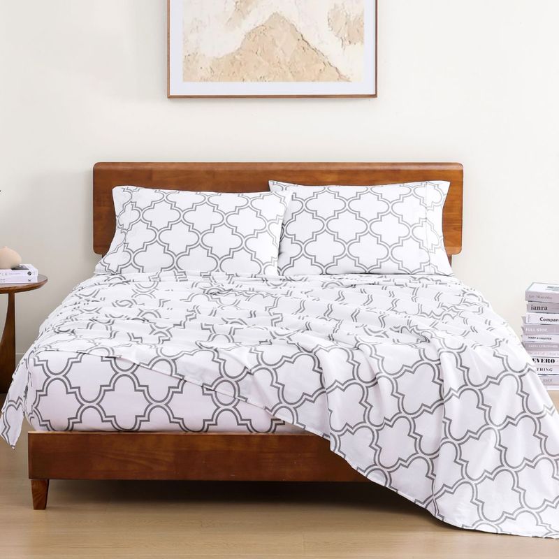 LANE LINEN 100% Organic Cotton Double Bedsheet with 2 Pillow Covers - White Graphic