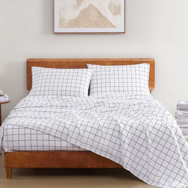 LANE LINEN 100% Organic Cotton Super King Bedsheet with 2 Pillow Covers - White Checks