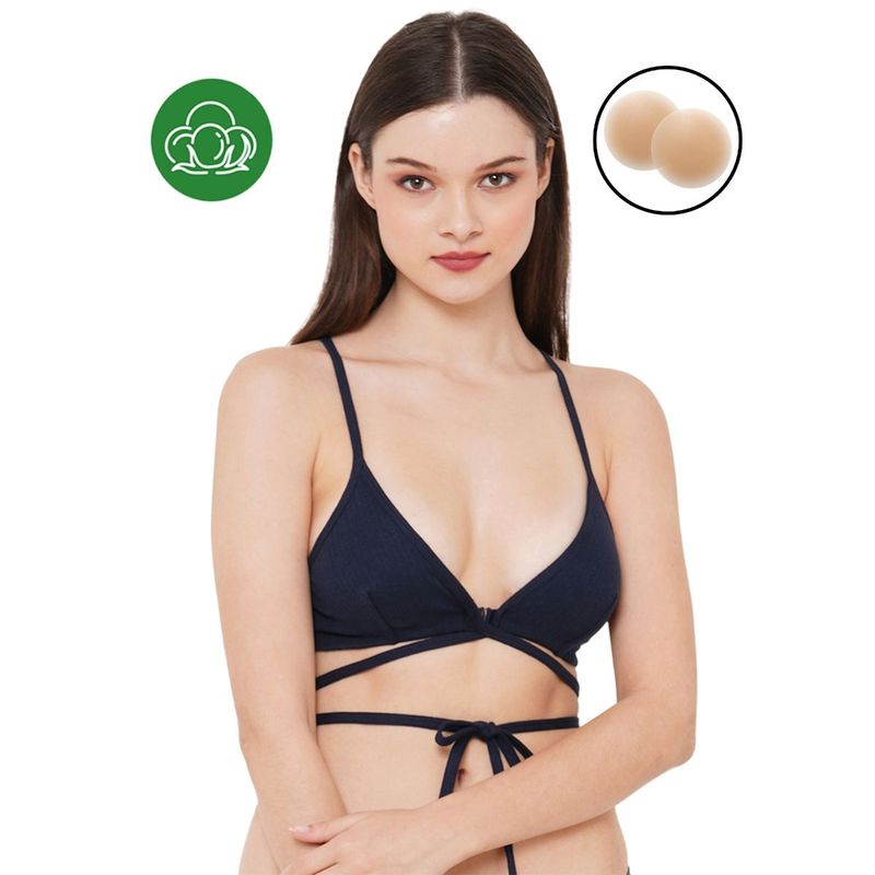 Inner Sense Navy Blue Organic Cotton Plunge Bra with Silicon Nipple Cover (Set of 2) (L)