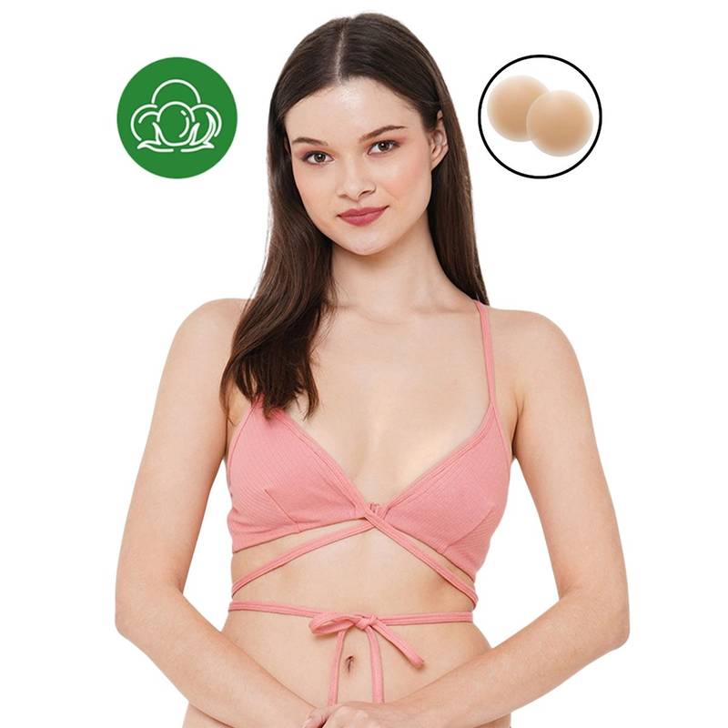 Inner Sense Peach Organic Cotton Plunge Bra with Silicon Nipple Cover (Set of 2) (L)