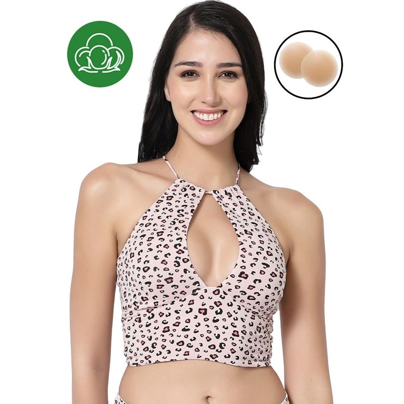 Inner Sense Pink Animal Printed Bralette with Silicon Nipple Cover (Set of 2) (L)