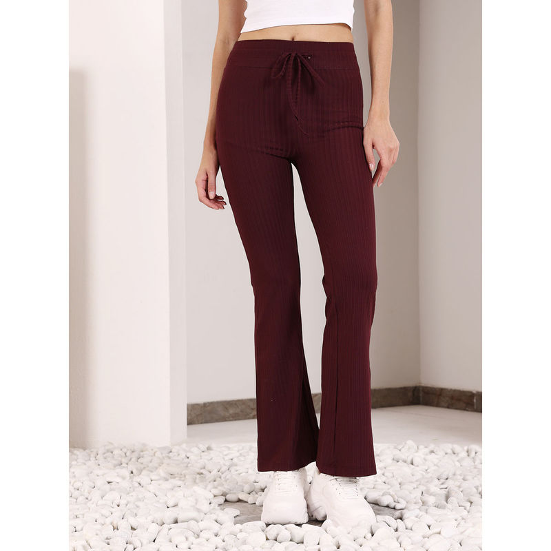 EVERDION Maroon Rib Drawstring Flare Pants (28)