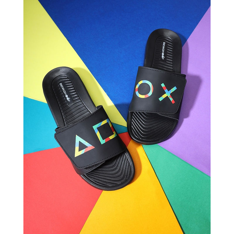 Bewakoof Mens Black Game Over Printed Adjustable Strap Comfysole Sliders (UK 6)