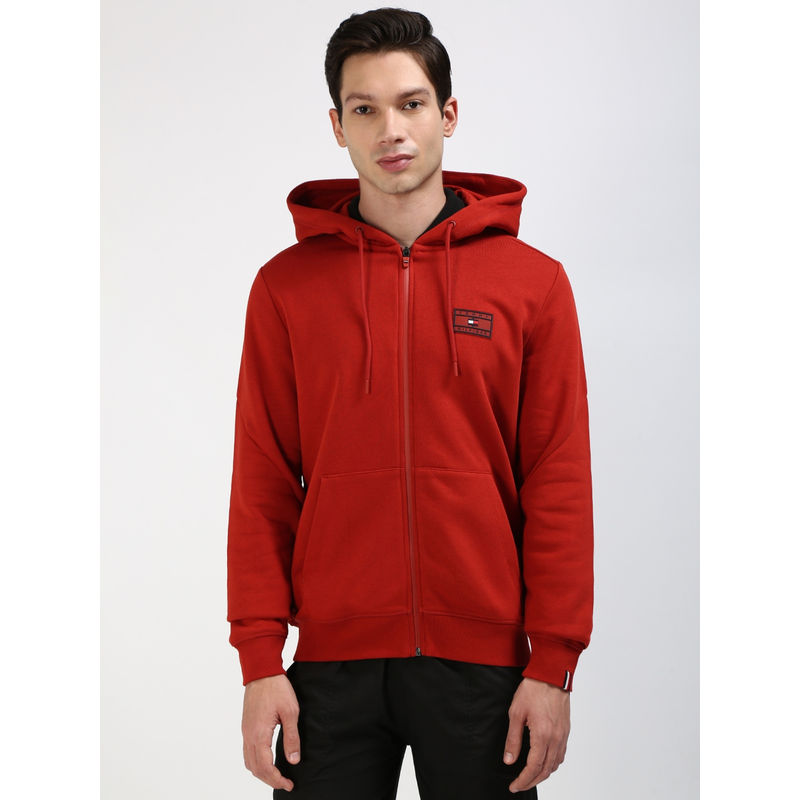 Tommy Hilfiger Men Red Solid Regular Fit Cotton Hoodie (S)