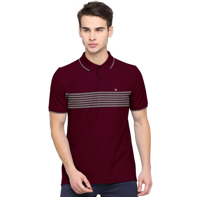 BULLMER Burgundy Men Cotton Blend Polo Neck Stripes T-Shirts (S)