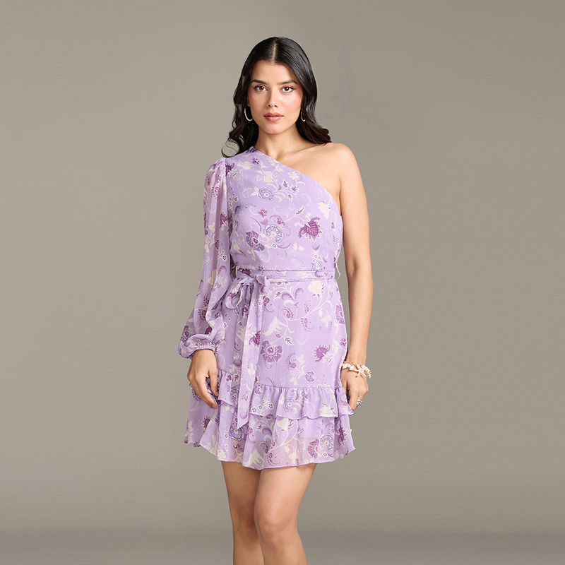 Twenty Dresses by Nykaa Fashion Lilac Floral One Shoulder Dress with Belt (Set of 2) (XS)