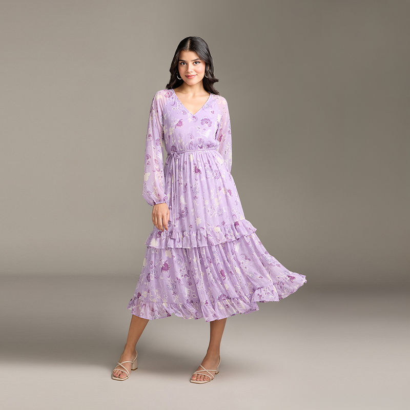 Twenty Dresses by Nykaa Fashion Lilac Floral Print Midi Dress with Belt (Set of 2) (XS)