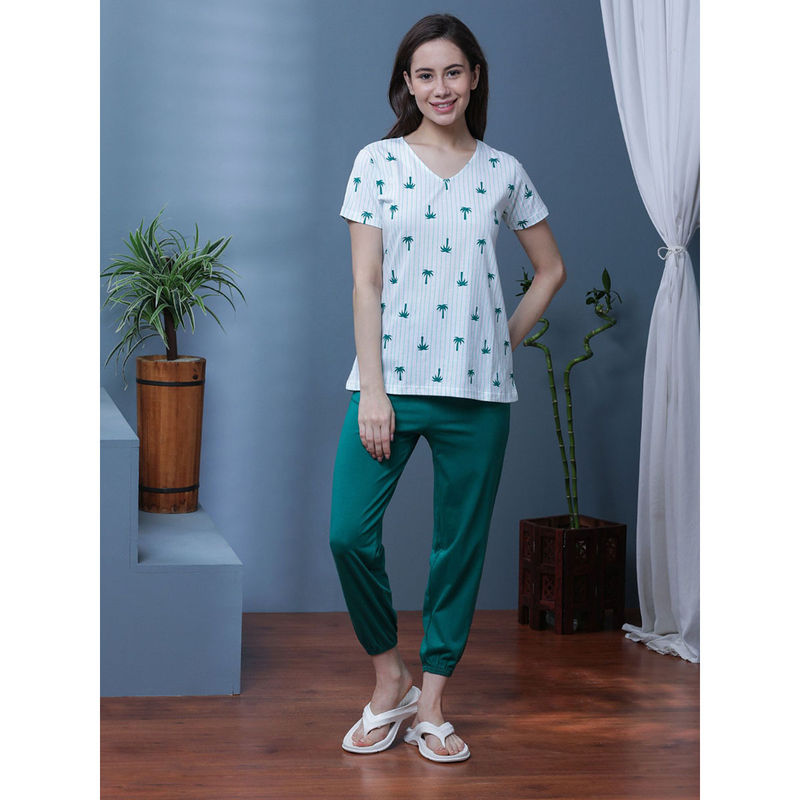 Slumber Jill Women White & Alphine Green Printed T-Shirt & Pyjama (Set of 2) (S)