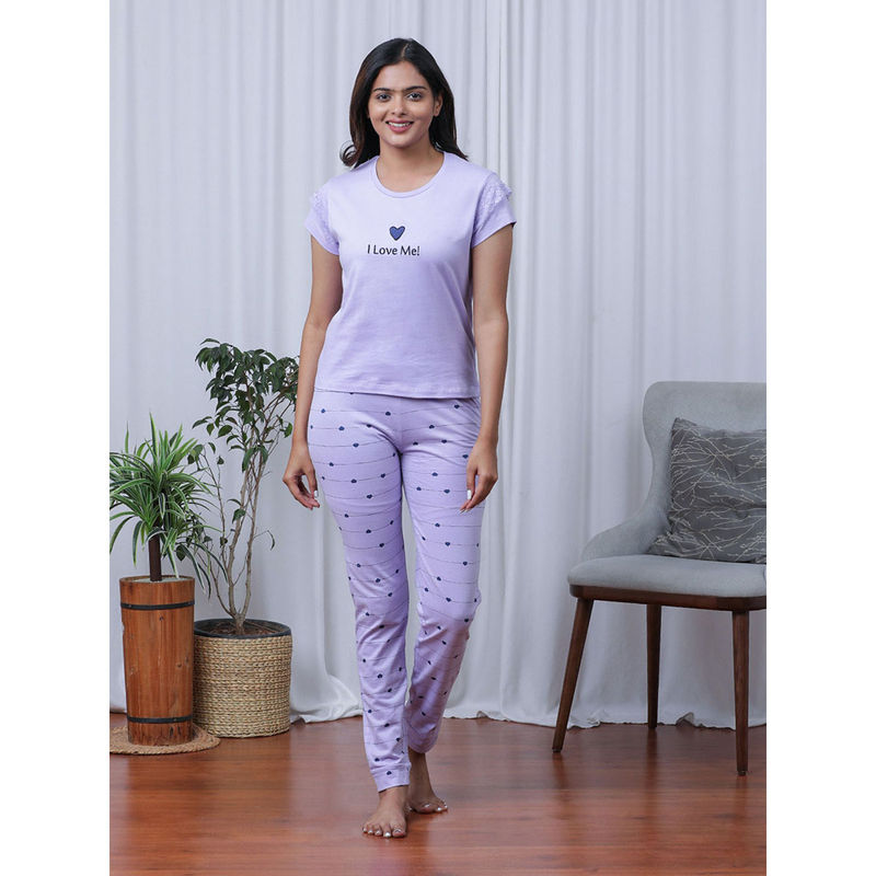 Slumber Jill Hearts Print Lavender T-Shirt with Pyjama (Set of 2) (XS)