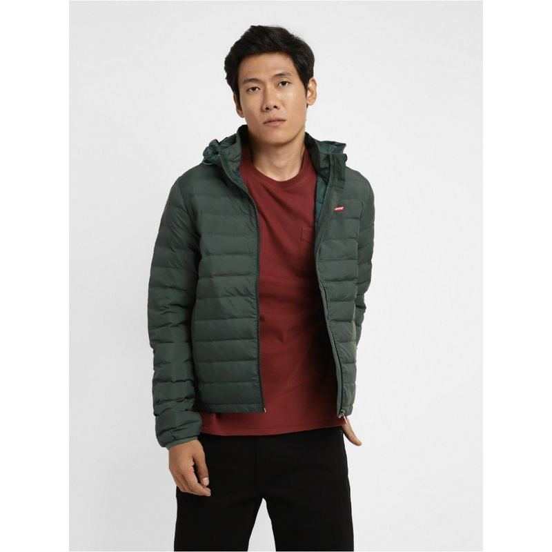 Levi's Men Green Hooded Quilted Jacket (M) (M)