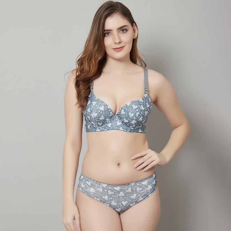 Prettycat Beautiful Love Print Lightly Padded T-Shirt Bra Panty Set - Grey (32B)